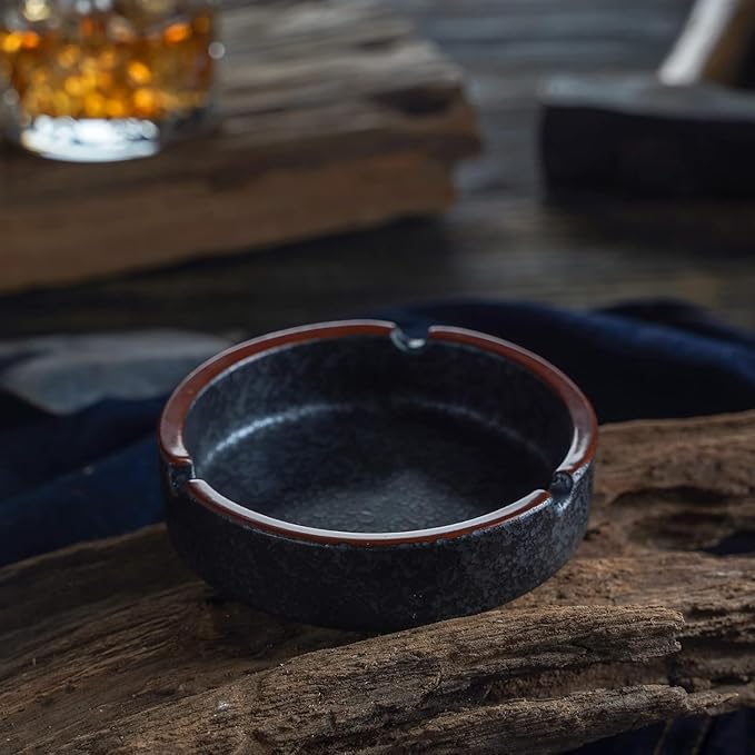 Ceramic Ashtray Stylish Indoor & Outdoor Cigarette Ashtray for Home, Coffee Bars, and Patios，Lava Dazzling Black