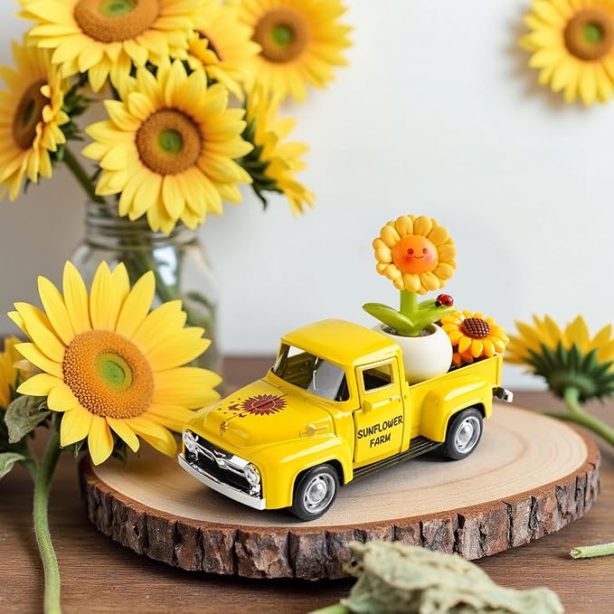 Sunflower Truck Decor, Yellow Vintage Pickup Truck with Sunflower Arrangement, Rustic Farmhouse Summer Tiered Tray Decor, Kitchen Table Centerpiece, Home Office Shelf Decorations