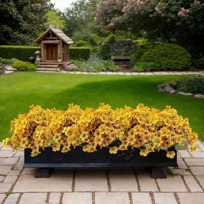 12Pcs UV Resistant Artificial Flowers Artificial Violet Outdoor Decor Realistic Faux Plants Silk Flowers No Fade for Patio Hanging Baskets Garden Pots Farmhouse Yard (Yellow)
