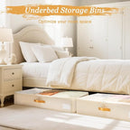 Criusia Under Bed Storage Bins with Clear PVC Lids – 2 Pack Large Underbed Organizers with Heavy-Duty Handles, Reinforced with 800G PP Panels & 80G Non-Woven Fabric – Waterproof & Foldable, Beige