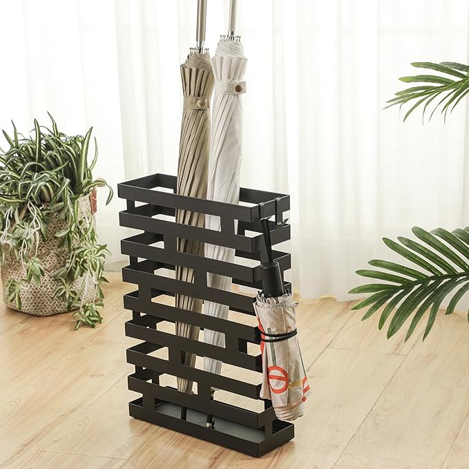 Tudomro Umbrella Stands for Entryway Large Metal Umbrella Holder 3.94 x 11.81 x 16.93 Inches with Removable Water Tray and Hooks Decor Freestanding Rectangular Hollow Rack for Home Office (Black)