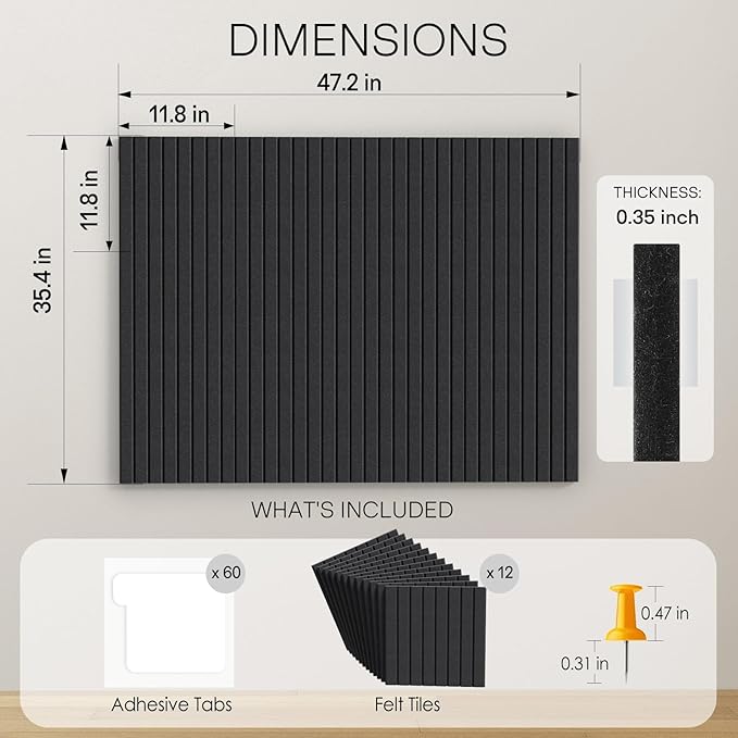 MaxGear Large Cork Boards for Walls 48" x 36", Black Felt Bulletin Board Tiles for Office Decor, 12 Pack Felt Wall Tiles with Slat Paneling, Push Pin Board Home Wall Organizer