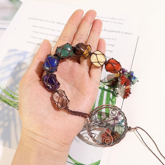 Handmade Crystal Window Car Hanging Ornaments 7 Chakra Home Decoration Feng Shui Ornament Yoga Meditation Car Decoration Tumbled Palm Stones (Style12)