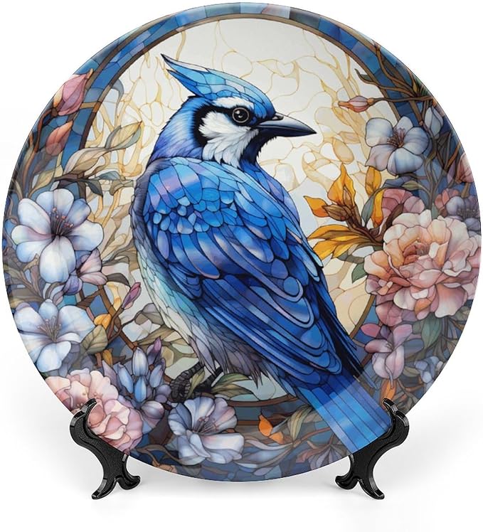 Blue Jay and Flowers Stained Glass Painting Decorative Plates Home Decor Ceramic Plates, Dinner Plates Display for Kitchen, Hallway Console Side Table, Presents for Blue Jay Lovers, 6 Inch