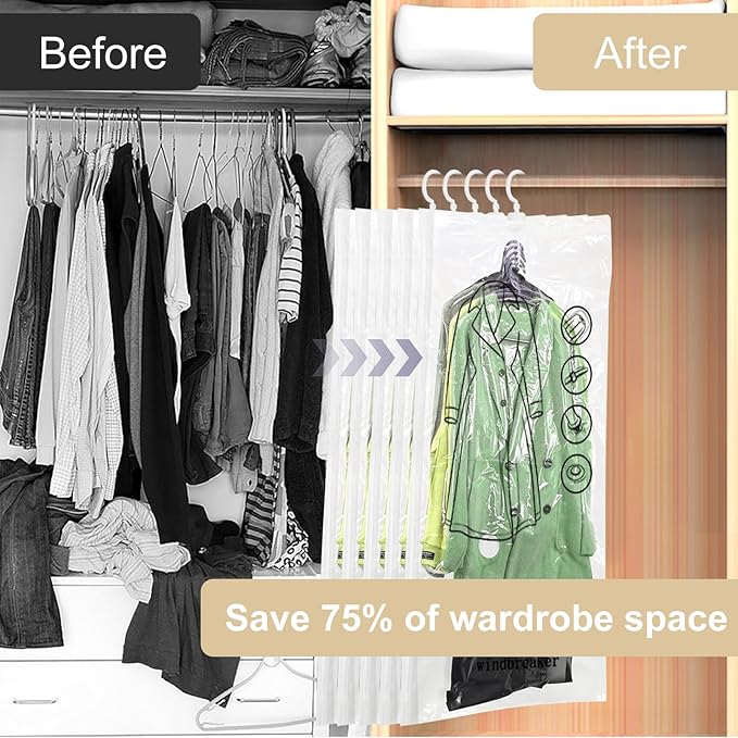Hanging Vacuum Storage Bags 5 Pack, Space Saver Garment Bags 53.2 x27.6 inch, Vacuum Seal Bags for Clothing for Jacket, Suits, Dress, Clothing, Space Saver Bags With Hook