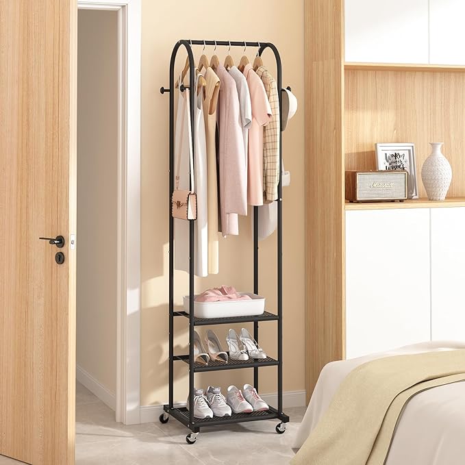 Heavy Duty Clothing Rack with Wheels,Modern Garment Rack with 3 Metal Shelves, 71.8Inches Display Rack for Hanging Clothes, Hanging Rod for Small Space,Black
