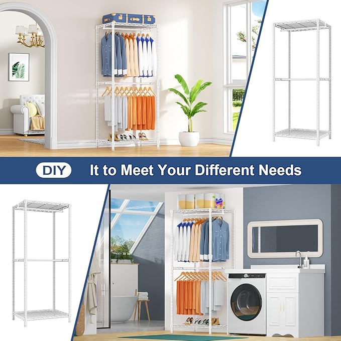 Ulif E12 Clothes Rack，Heavy Duty Freestanding Garment Rack with Shelves，Metal Clothing Closet Storage System for Hanging Clothes，57.1" W x 16" D x 76.5" H, Hold 860 lbs，White