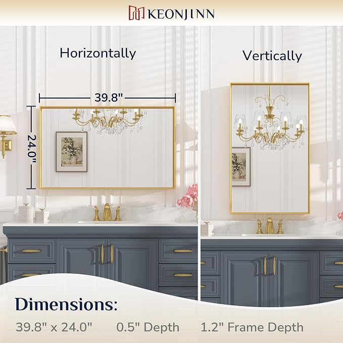 Keonjinn Gold Mirror for Bathroom 40 x 24 Inch, Brushed Gold Rectangular Mirror for Wall, Metal Framed Mirrors for Bathroom Sink, Full Length Rectangle Vanity Mirrors(Horizontal/Vertical)