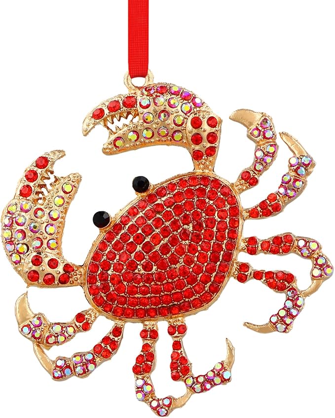 SICOHOME Crab Ornaments for Christmas Tree - Coastal Sea Ocean Hawaii Beach Themed Christmas Hanging Ornament with Rhinestones for Christmas Tree Gifts for Ocean Love rand Nautical Enthusiast Red