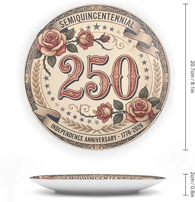 250th Anniversary Decorative Plates 8 Inch Vintage Floral Patriotic Decorations Commemorative Plates with Stand Semiquincentennial 4th of July Veterans Day Home & Office