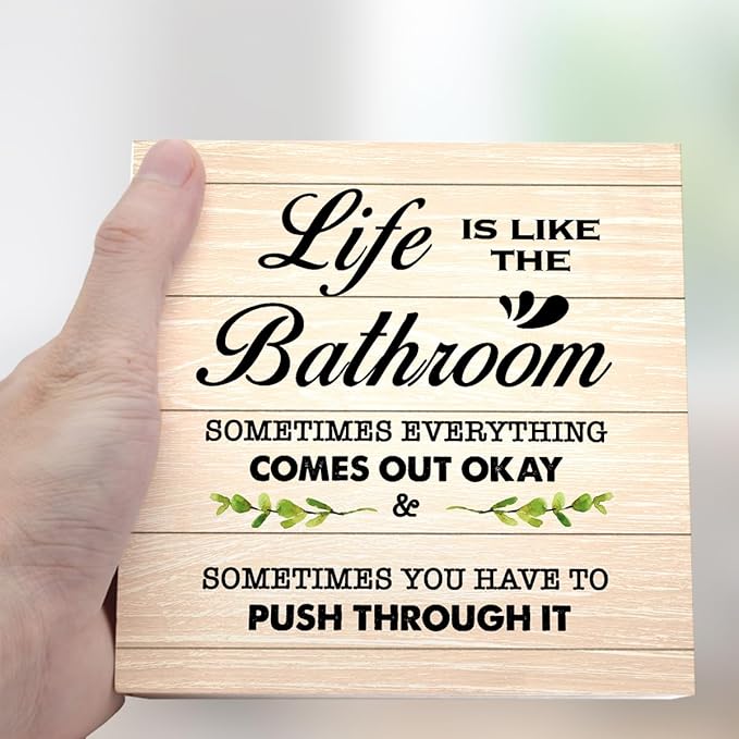 Burlywood Life is Like The Bathroom Wooden Box Sign Desk Decor,Funny Bathroom Wood Block Sign for Farmhouse Toilet Shelf Decor