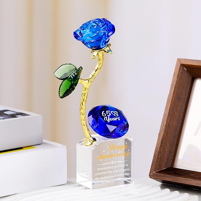 YWHL 65th Wedding Anniversary Rose Gifts for Parents Grandparents, 65 Years Happy for Couples, Crystal Rose Figurine with Blue Diamond, Romantic Valentines Day Present for Her Him