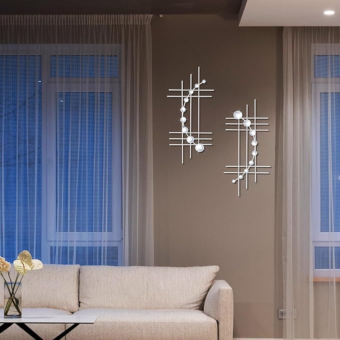 ZEXUIRU 2 Pcs Abstract Metal Art for Wall Decor Living Room Bedroom Bathroom Office Metal Bling Modern Geometric Hanging Vertical Small Iron Sculpture Plaque Pack -Silver 24in