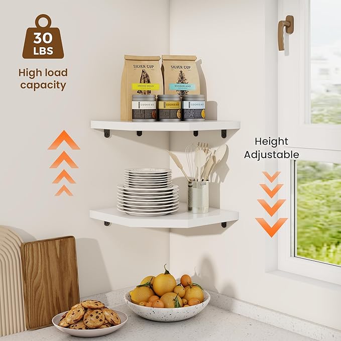 Fun Memories Corner Shelf Wall Mount Set of 2 - Solid Oak Wood Floating Corner Shelf with Cable Hole, 10in Rustic Design for Bedroom, Living Room, Kitchen (White)