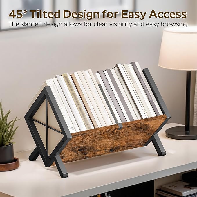 YATINEY Vinyl Record Holder, Record Storage Rack Holds 80-100 LP，Wooden and Metal Record Organizer, Quick Assembly Magazine Holder for CDs, Magazine, Albums, Rustic Brown and Black CJ06BR