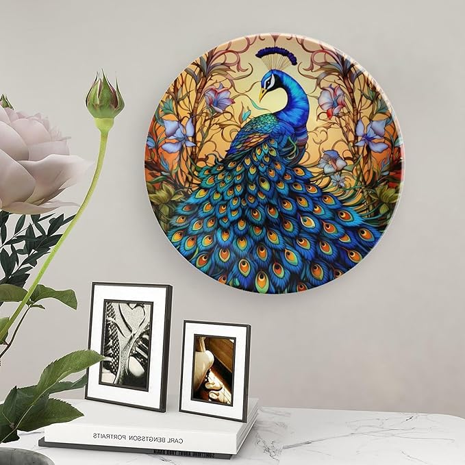 Decorative Plates for Wall Hanging, Stained Glass Design Peacock & Flower Ceramic Plate w/Display Stand, Home Decor for Kitchen Cabinets, Farmhouse Round Tray 8 Inch, Gift for Peacocks Lover