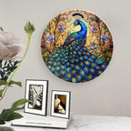 Decorative Plates for Wall Hanging, Stained Glass Design Peacock & Flower Ceramic Plate w/Display Stand, Home Decor for Kitchen Cabinets, Farmhouse Round Tray 8 Inch, Gift for Peacocks Lover