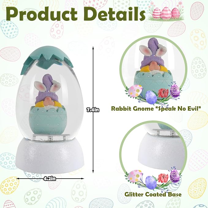 Gnome Easter Snow Globe, Easter Bunny Snow Globe Eggs Spring Decor with Swirling Glitter, 6H Timer, USB or Battery Powered, Speak No Evil Gnome Snowglobe for Tabletop Decor Gift 7.4 Inch (Blue)