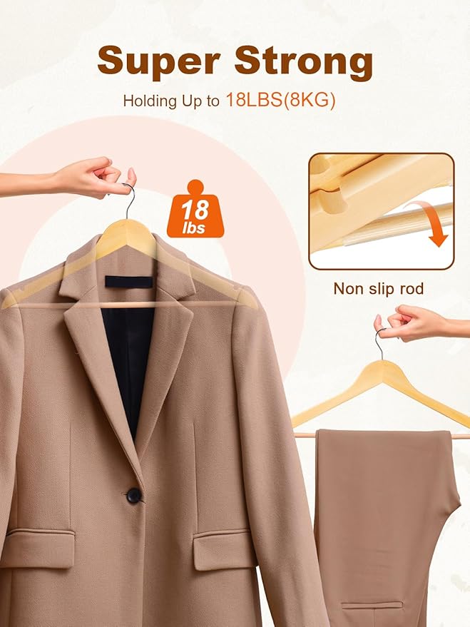HOUSE DAY Bulk Wooden Hangers 160 Pack, Solid Wood Hanger with Non Slip Pant Bar, Heavy Duty Wooden Coat Hanger for Closet, Smooth Finish Wood Clothes Hangers for Shirts, Suits Jackets, Dress, Natural