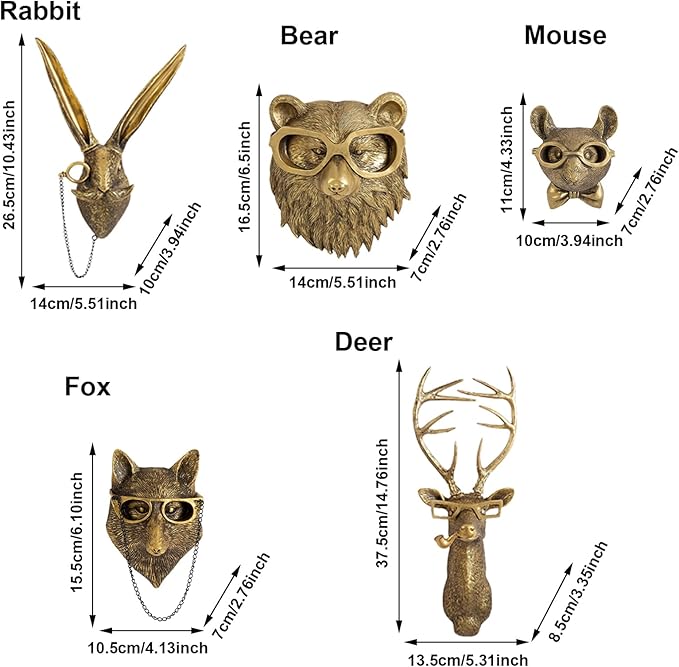 GUASDIE Animal Heads Wall Decor, Gold Faux Deer Head Mount, Animal Sculptures Wall Decor, Vintage Resin Hanging Decoration for Living Room Bedroom Kitchen Office Gift,5pcs