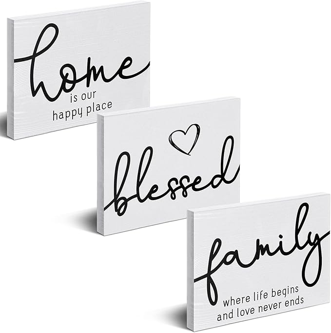 Jetec 3 Pcs Family Home Blessed Rustic Wood Sign Mini Wood Decorative Farmhouse Woodworks Table Shelves Decorations Sign for Bedroom Kitchen Living Room Table Decor(White,5 x 7 x 0.59 in)