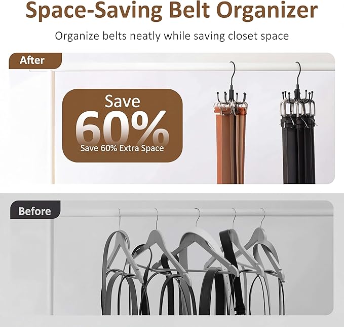 ZEDODIER 2 Pack Belt Organizer for Closet, Heavy-Duty Rotating Belt Hanger Rack Holds up to 48 Belts, Hanging Space Saving Metal Belt Holder for Closet Storage, Black