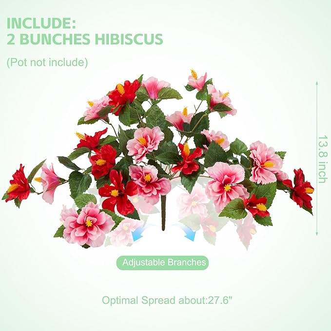 Artificial Flowers for Outdoors Indoors,2 Bunches Fake Hibiscus with Realistic UV Resistant Silk Flower Fabric Leaves,Faux Plants Outside for Home Patio Garden Yard Front Poch Decor(Red,Pink)