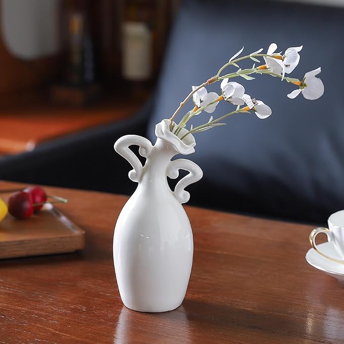 Vase with Attitude, White Ceramic Small Neck Vases, Novel and Lovely Unique Shape Vase, 7inch Modern Home Decoration Vases, Can Be Used As A Decoration for Dining Table Bookcase and Desk