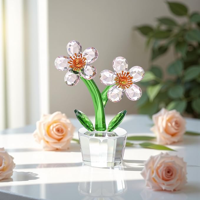 Pink Crystal Peach Blossom Flower Figurine 3.9‘’*2.9‘’ Elegant Tabletop Flower Ornament Collectible Home Decor Centerpiece