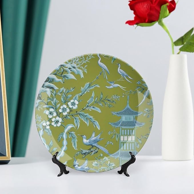 Pagoda Garden Imperial Vintage Plates for Display Asian Green Chinoiserie Household Display Supplies Farmhouse Festival Holiday Party Decorations Personalized Gifts for Men Women Holiday