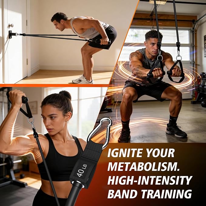 WHATAFIT Resistance Bands Set with Handles - Exercise Bands Home Gym Strength Training Equipment, Includes Door Anchor & Ankle Straps for Full Body Workout Bands, Physical Therapy - for Men and Women