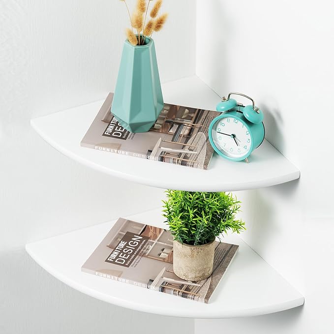 White Corner Shelf, Wall Mount 12inch Natural Oak Wood Floating Corner Wall Shelf Round End Small Corner Nightstand Plant Shelf for Bedroom, Kitchen, Living Room Set of 2