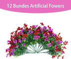 Artificial Faux Plants Flowers Outdoor Spring Summer Decoration, 12 Bundles Fake Silk Colorful Daisy Eucalyptus Realistic UV Resistant for Outside Home Planter Porch Patio Yard Decor (Red Purple)