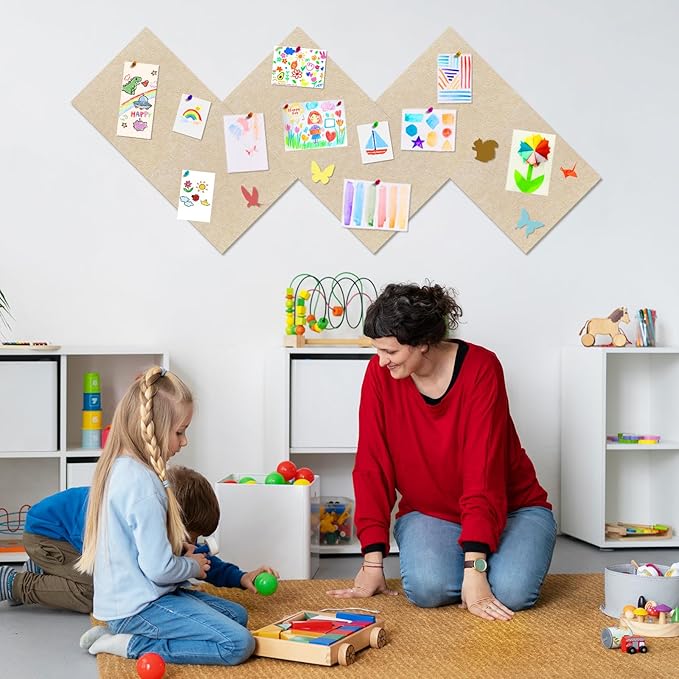 6 Pack Cork Board Felt Bulletin Board with 60 Push Pins, 1/2" Thick Pinboard Square Tiles for Wall Organizer - Home Office Classroom Decor, Photo Display, Memo Board (11.8"x11.8"- Beige)
