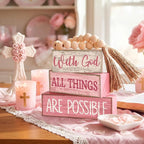 Lineshading 4 Pcs Christian Table Decor Pink Rustic Wooden Block Sign Set with God All Things are Possible Farmhouse Stacked Decor with Beaded Garland Tassel Christian Home Decors for Office, Shelf