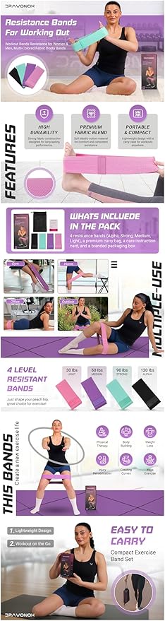 Resistance Bands, Workout Bands, Exercise Bands for Working Out with Workout Bands Guide, 4 Levels Booty Bands, Leg Exercise Bands Resistance, Glute Bands, Non-Slip Fabric Elastic Bands for Men Women