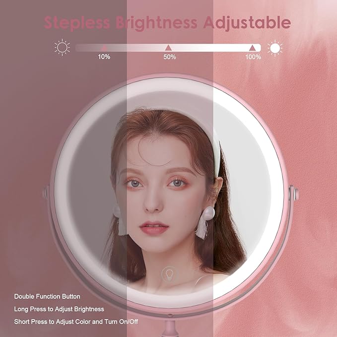 DEIOVWXS Makeup Mirror, 3000mAh Rechargeable Double-Sided Magnifying Vanity Mirror with 3 Colors, 1X/10X, Adjustable Brightness, Gifts for Mom, Mothers Day, Women, Wife, Girls, Dorm Room Essential