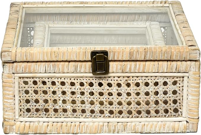 DECOR4SEASON Rattan and Cane Square Stacking Boxes with Glass Top Lid - Set of 2 for Boho, and Rustic Farmhouse Décor, White Wash