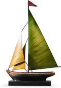 Retro Metal Sailboat Decor, Iron Nautical Sculpture for Home, Vintage Boat Figurine for Living Room Table, Office Desk, Bookshelf, Coastal Style Decoration (Green & Yellow)