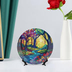 Stained Glass Theme Decorative Ceramic Plate Round Porcelain Plate,10 inch,Sunrise Forest Stream Pattern,for Decorative Ornaments Giving Plates, 1 Plate with 1 Display Stand,Multicolor