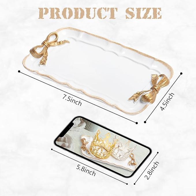 Warmtree Vintage Jewelry Organizer, Decorative Tray for Jewelry, Towel, Storage, Rings, Bracelets, Earrings, Cosmetics, Retro Design, Bow Decor Resin Plate Coquette for Room Decor, White