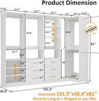 Closet System with 4 sets, 101.9" Closet Organizer Systems with 6 Drawers & 8 Hanging Rods & Adjustable Shelves, Walk in Closet Standing Closet System, Corner Closet System Set, White