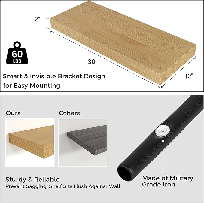 Venusmiles Floating Shelves for Wall, 30" W x 12" D x 2" H, 2 Pack of Long Wall Mounted Engineered Wood Shelves with Invisible Brackets for Living Room, Bedroom, Bathroom, Kitchen Decor, Oak