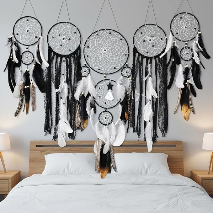 5 Pack Dream Catchers Boho Wall Decor Moon and Sun Feather Handmade Traditional Dream Catcher Wall Hanging Decor for Bedroom Living Room Home Halloween Decorations Witchy Gifts (Black Set)