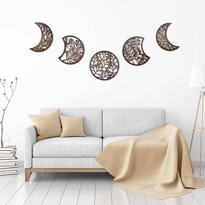 Jetec 5 Pcs Moon Phase Wall Art Decor Wall Pediments Hanging Wooden Phase Spiritual Bedroom Nordic Boho Lunar Aesthetic Art for Living Room Dorm Apartment Ornament(Dark Brown,15.75 Inch,Botanical)
