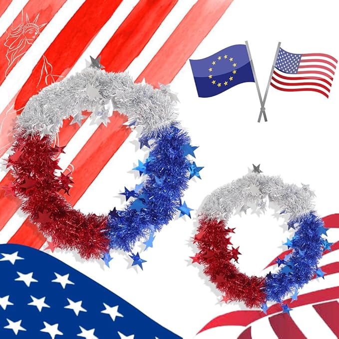 Patriotic Wreath for Front Door Red White Blue Wreath 4th of July Wreaths for Door Wall Memorial Day Decor Independence Day Hanging Decoration for Outside Home Farmhouse Holiday (Shiny A)