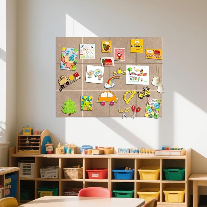 TSJOFFICE Large Cork Board for Wall - 48" x 36" Bulletin Board with 50 Pushpins for Office Decor, Pin Board 12 Pack Felt Wall Tiles with Safe Removable Adhesive Tabs, Corkboard for Home - Dark Camel