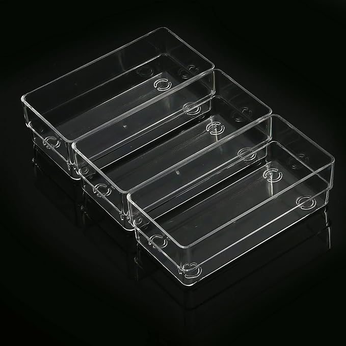 LotFancy Clear Drawer Organizers, 6'' x 3'' x 2'', Set of 3, Drawer Organizer Trays for Desk, Plastic Storage Bins for Bathroom, Makeup, Utensils, Stackable