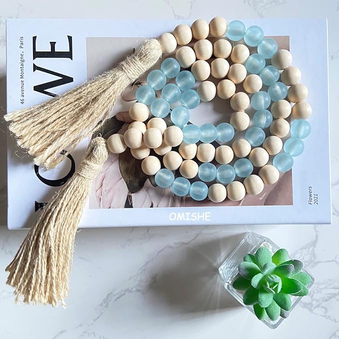 OMISHE Wood Bead Garland with Tassels 52 Inches, Handmade Wooden Beads with Round Acrylic Beads, Boho Farmhouse Wooden Decorative Beads for Home Tiered Tray Beach Decor, Light Blue