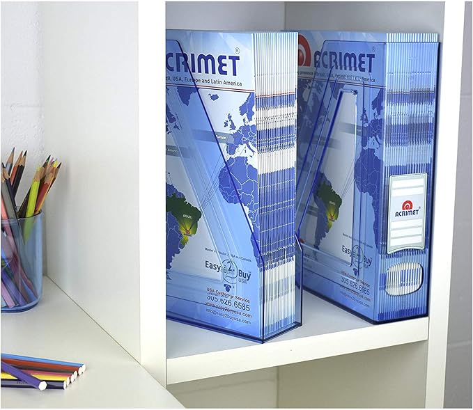 Acrimet Magazine File Holder Bin Storage, Vertical Rack for Documents, Folders and Mail, Durable Plastic Desk Organizer for Office & Home (Clear Blue Color) (2 Pack)